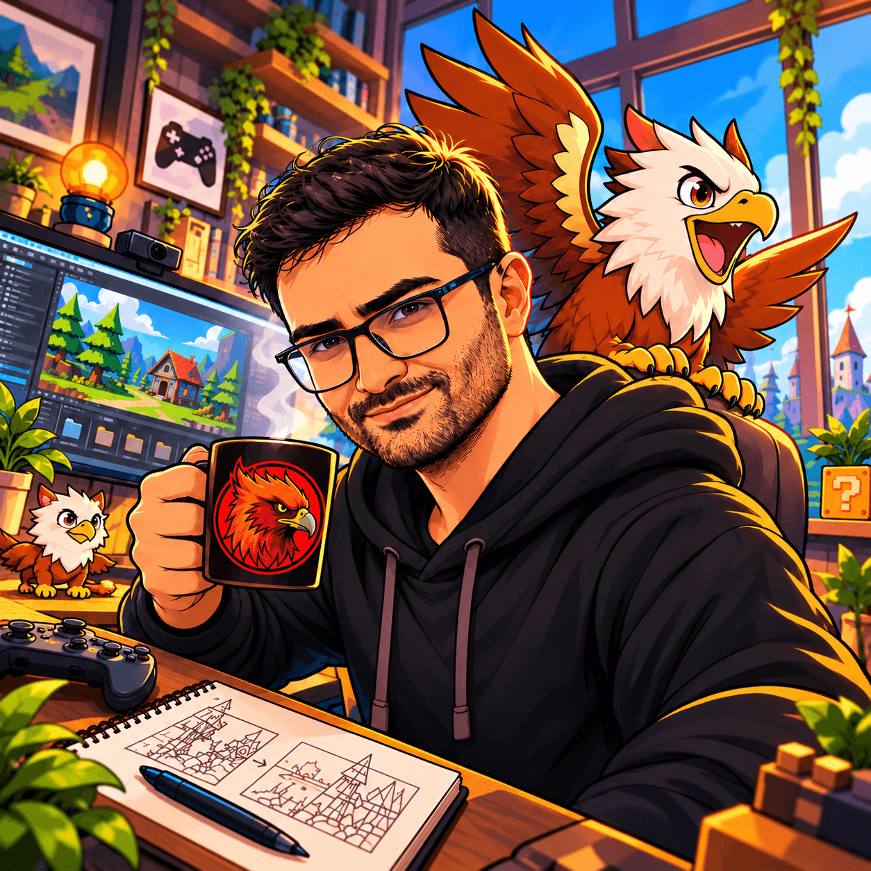 Illustrated portrait of Sepehr Chahnavi in his game development studio with Redwing griffins