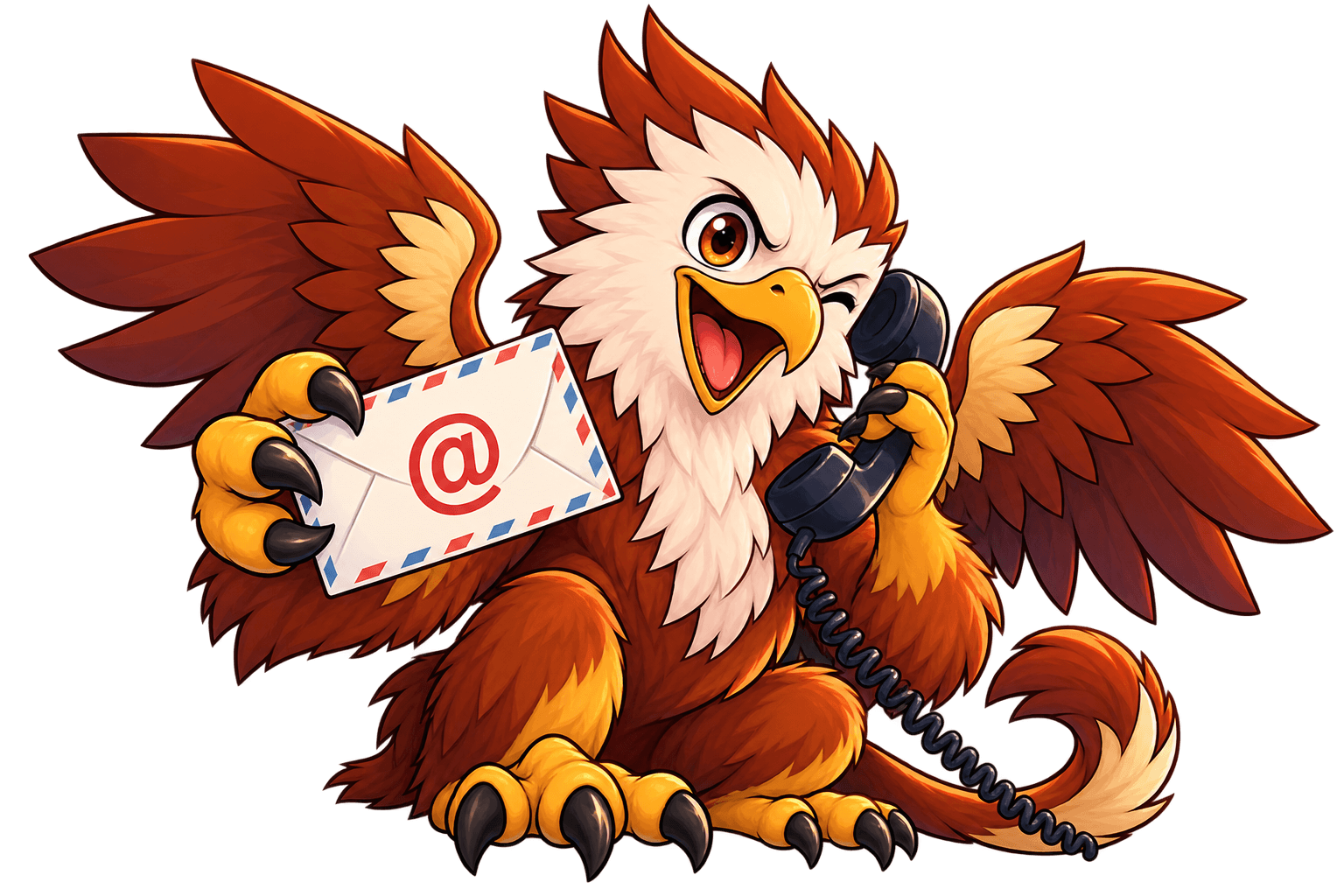 A cheerful Redwing griffin holding a letter and a telephone